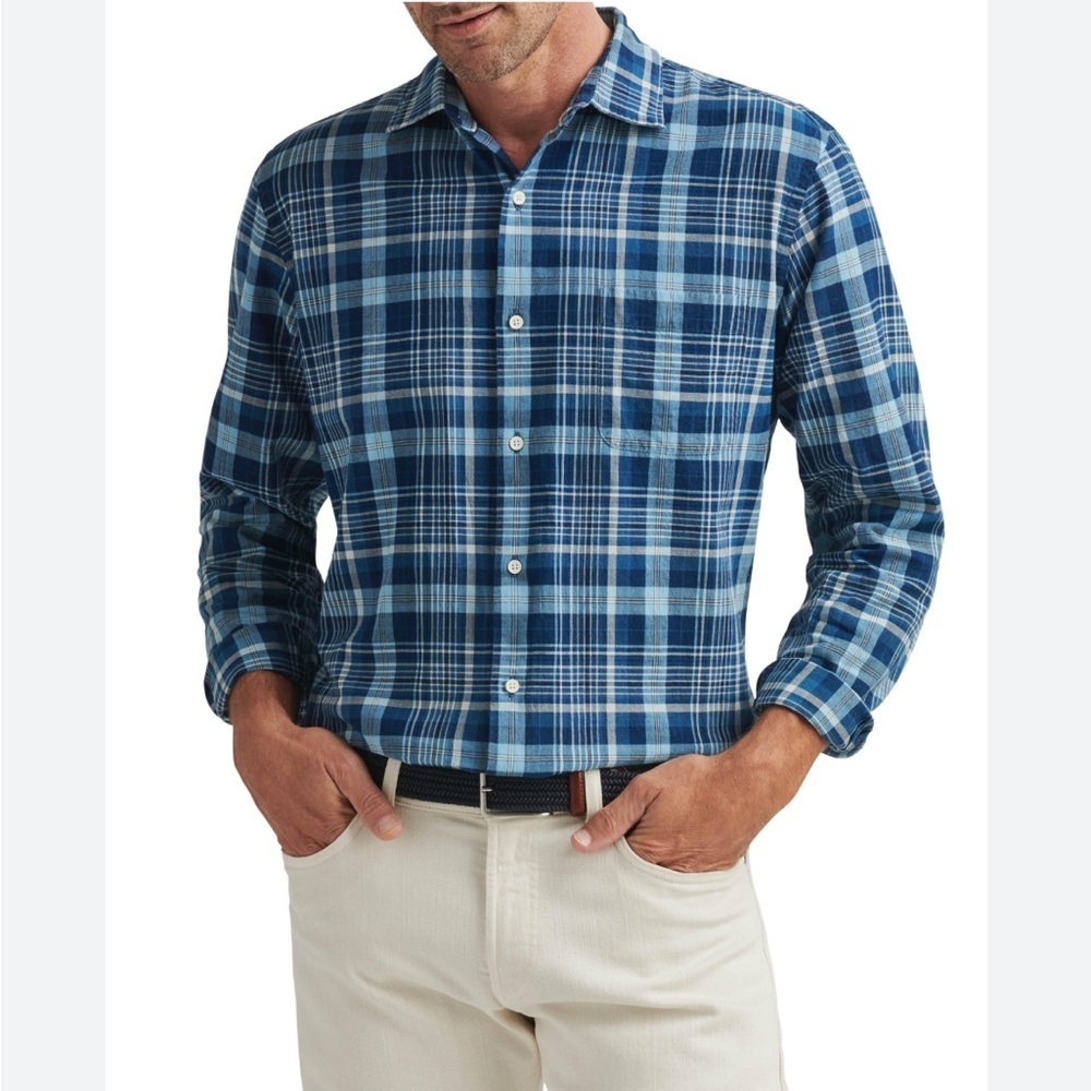 Peter Millar Summer Comfort Button-Down Shirt Medium Blue Plaid Long Sleeve